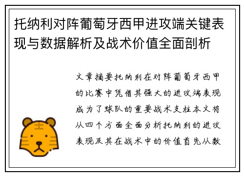 托纳利对阵葡萄牙西甲进攻端关键表现与数据解析及战术价值全面剖析